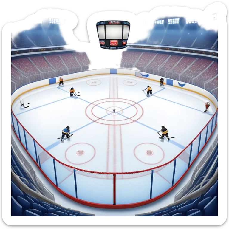 An icon showing a close-up of a hockey stick, puck, skates, and hockey net placed on the ice. The background features a packed stadium with bright lights, cheering fans, and snowy scenery outside. Transparent background highlights the key elements of the game. sticker