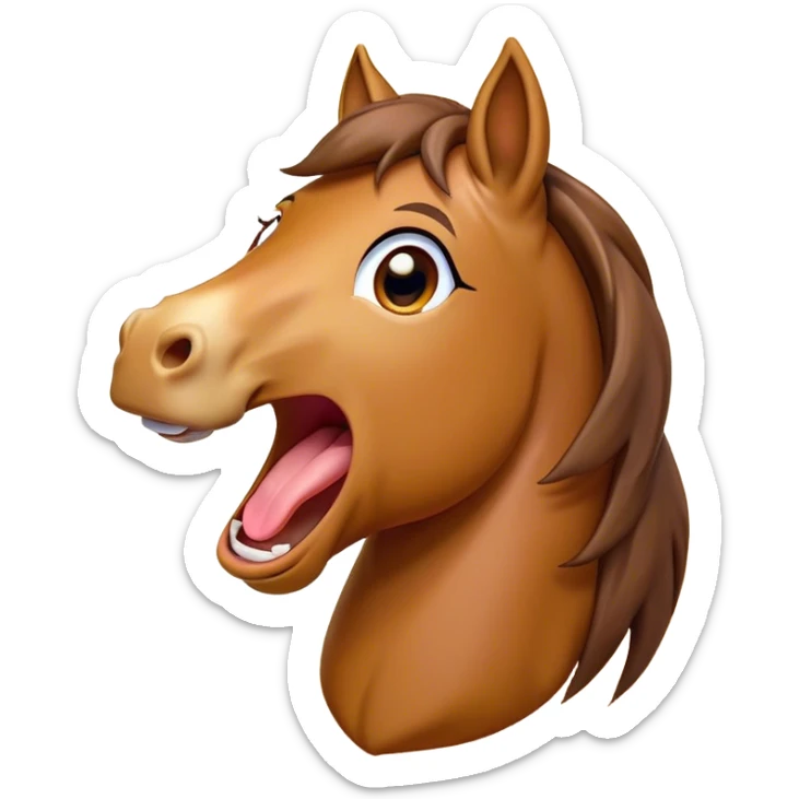 Cinematic Cute Yawning Bay Horse Portrait Emoji, Head tilted slightly with a dramatic, wide-open yawn, revealing a smooth bay fur with a subtle luster, floppy ears slightly drooping, round amber eyes barely open in drowsy contentment, Simplified yet irresistibly adorable features, highly detailed, glowing with a soft, cozy glow, high shine, relaxed yet expressive, stylized with a touch of equine whimsy, bright and endearing, soft glowing outline, capturing the essence of a sleepy yet affectionate horse, so drowsy it feels like it could stretch out of the screen and curl up for a nap! sticker