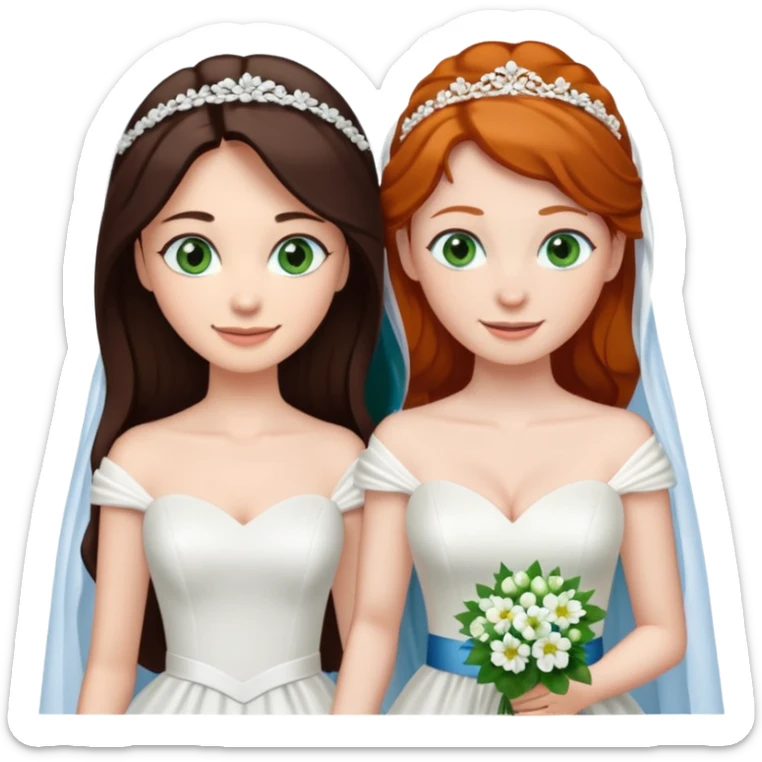 A tall, pale woman with very dark brown hair and green eyes marrying a shorter ginger woman with blue eyes, both in wedding dresses. sticker