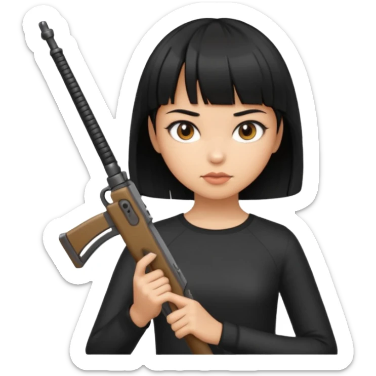 Hace un emoji de una chica de pelo corto negro y fleco finito , con un arma  sticker