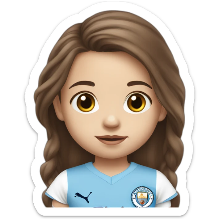 2 year old girl with long brown hair and eyes wearing Manchester City football shirt sticker