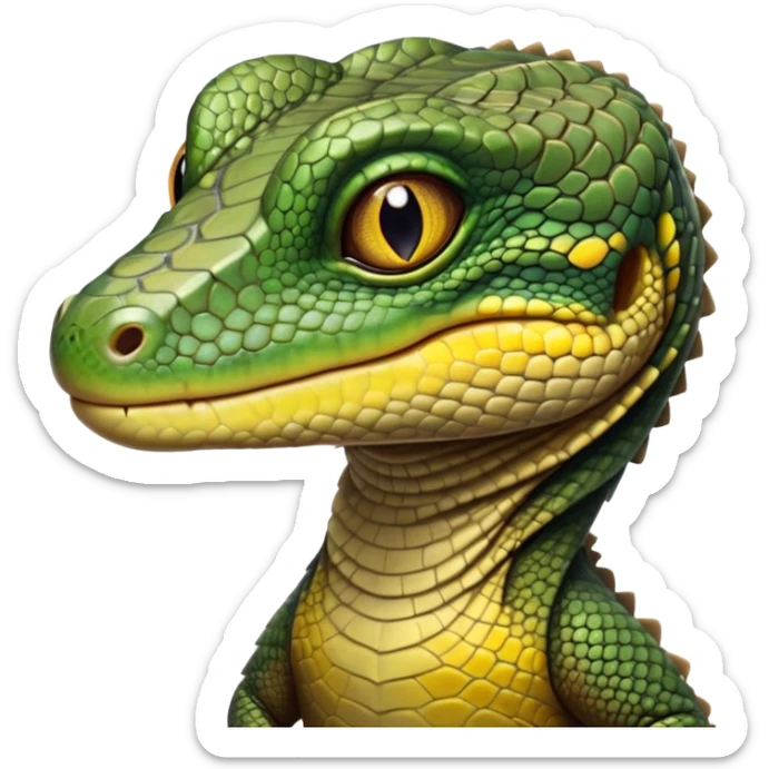 cinematic-realistic-cute-monitor-lizard-portrait-emoji,-head-tilted-playfully-and-inquisitively,-featuring-a-compact,-agile-body-with-finely-detailed,-glossy-scales-in-earthy-olive-hues-and-a-distinct,-alert-face-with-bright,-curious-eyes, black , yellow spotted and green band  scales sticker