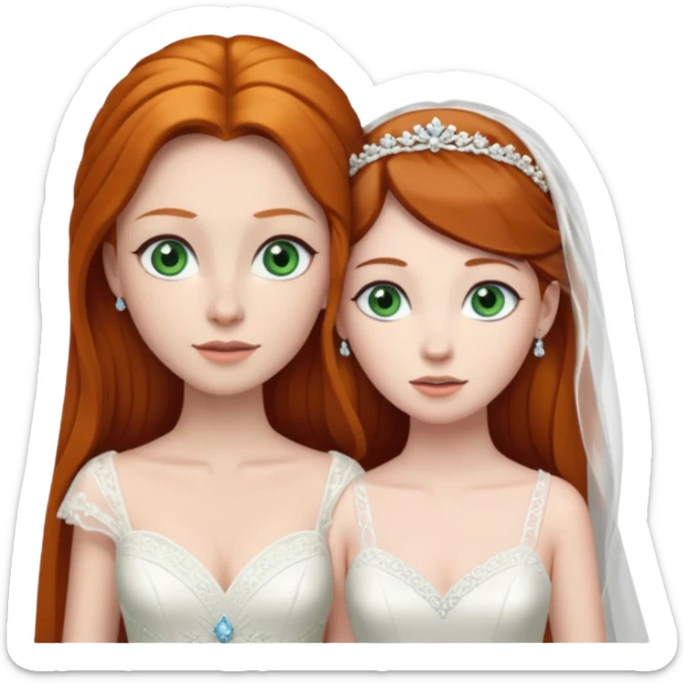 A ginger woman with blue eyes, marrying a taller, pale woman with very dark brown hair and green eyes, both in wedding dresses. sticker