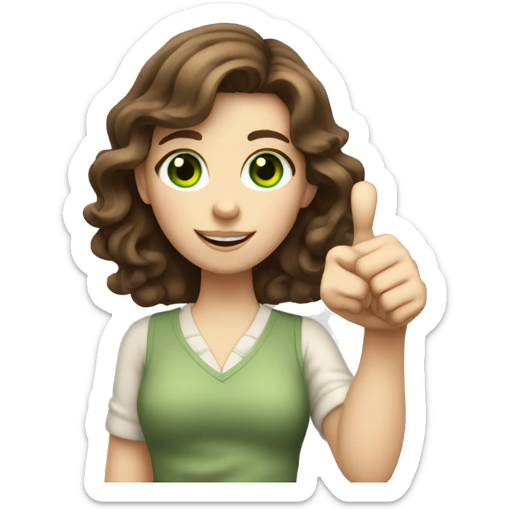 Wavy, brown haired girl with green eyes and pale skin giving a big thumbs up sticker