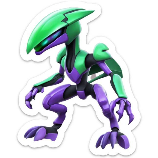 a shiny black-green-purple Genesect-Flygon-Raptor-Fakémon-Medabot-hybrid with a futuristic visor-helmet full body sticker