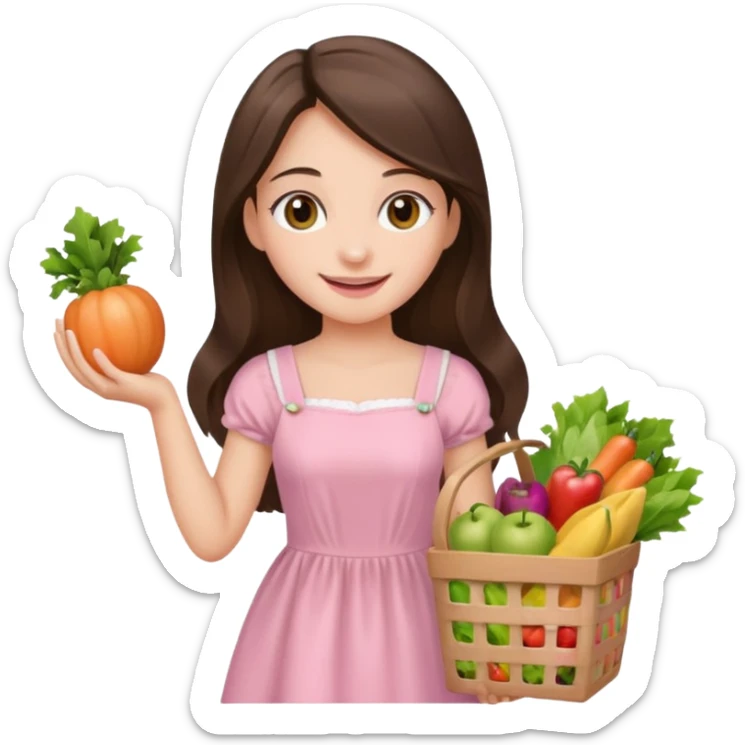pretty smiling long brunette hair girl hazel eyes wearing light pink dress holding groceries sticker