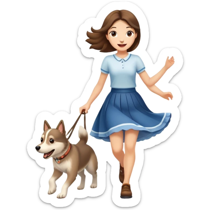 A beautiful girl with fair skin wearing a skirt happily chases the Alaskan dog sticker