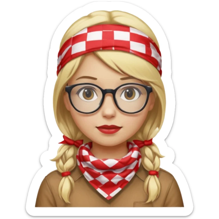 girl blonde hair, wear red and white checkered bandana, glasses sticker