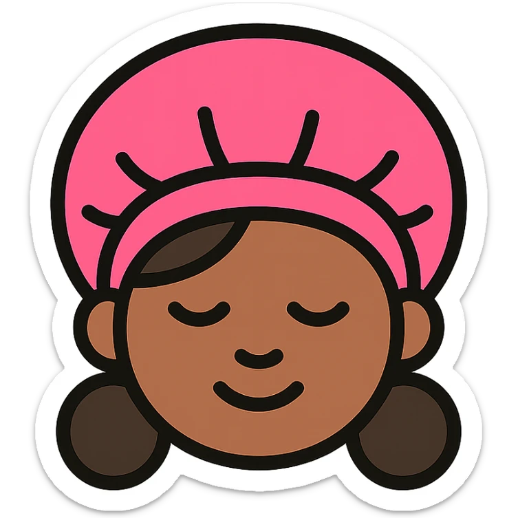 black girl with eyes closed wearing a pink bonnet, vibrant colorful icon style sticker