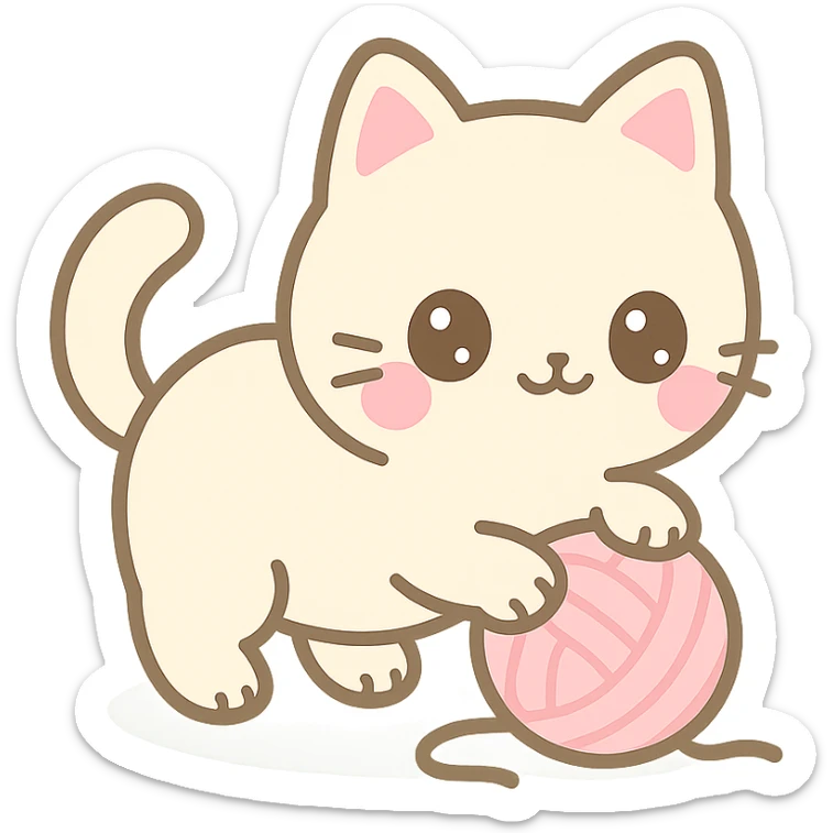 kawaii cat, playing with a ball of yarn, big sparkling eyes, pink cheeks, cute pose sticker