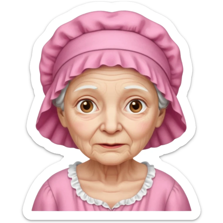 sick old woman with pink night gown, pink bonnet on her head sticker