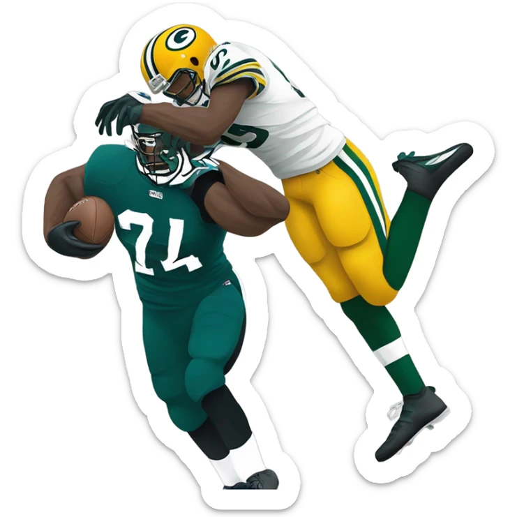 A Green Bay packers football player stomping on a Philadelphia Eagles football player sticker