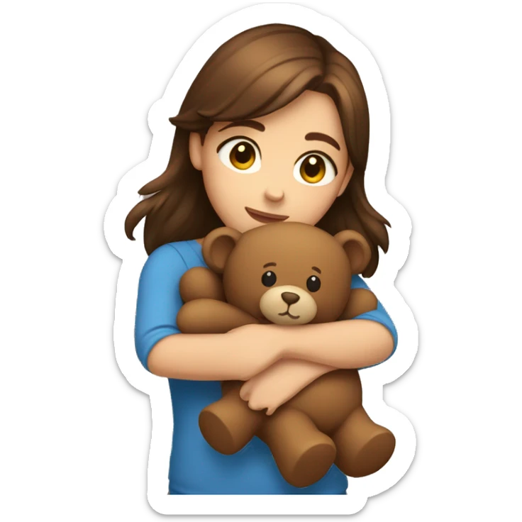 Girl with Brown hair and Brown eyes hugging a Brown teddy bear sticker