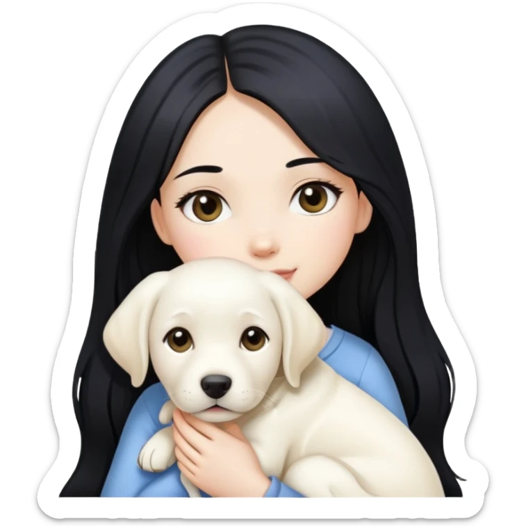 A beautiful girl with long black hair and fair skin is holding a white Labrador sticker