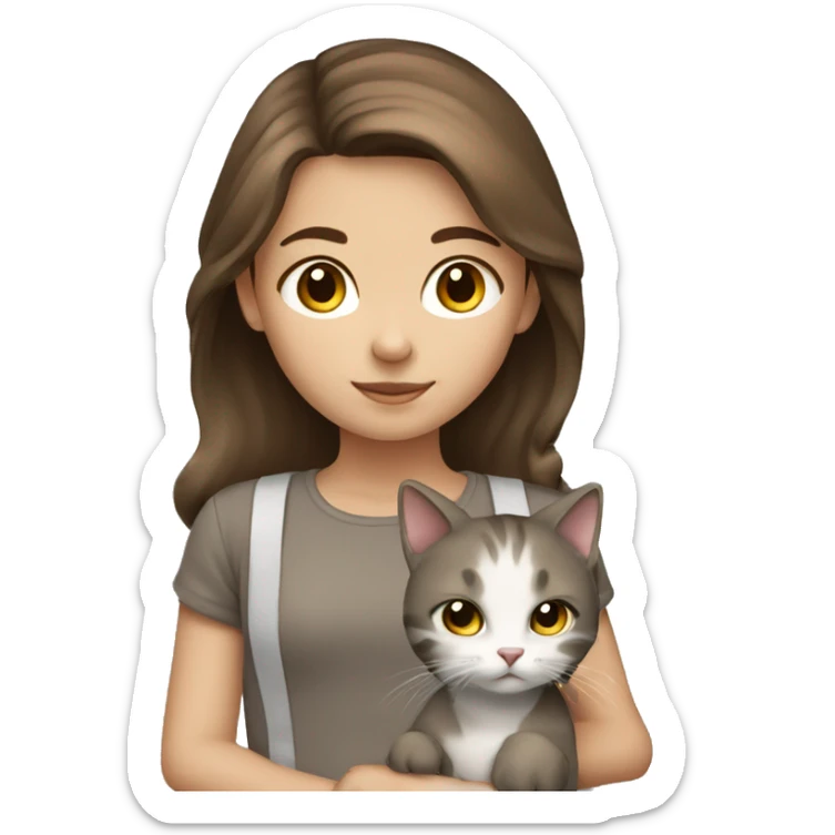 young girl with brown hair and cat brown gray and white sticker