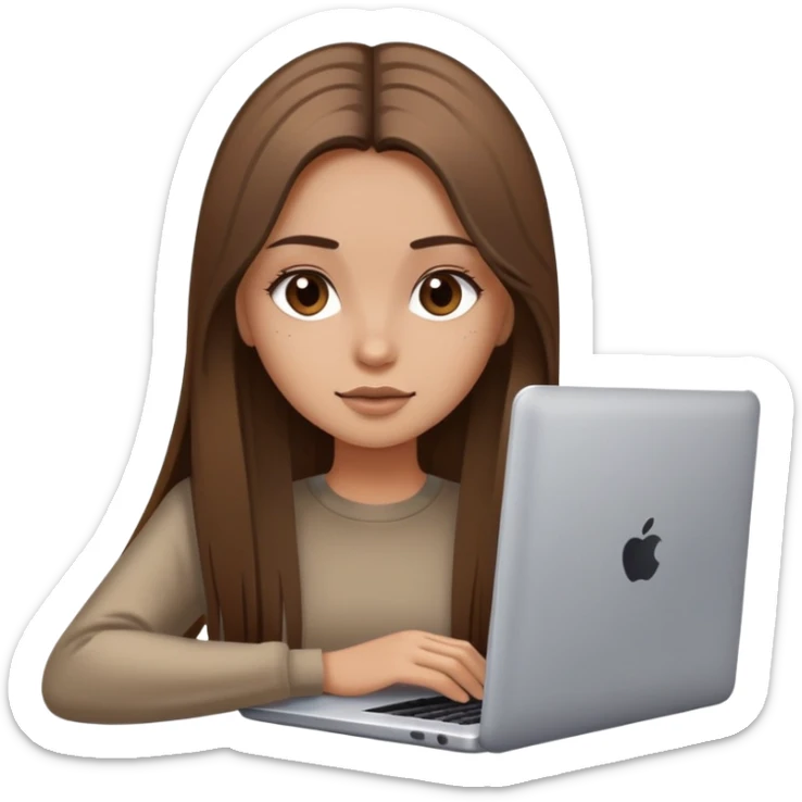 beautiful girl, with long dirty brown hair, straight hair, polish, with laptop sticker