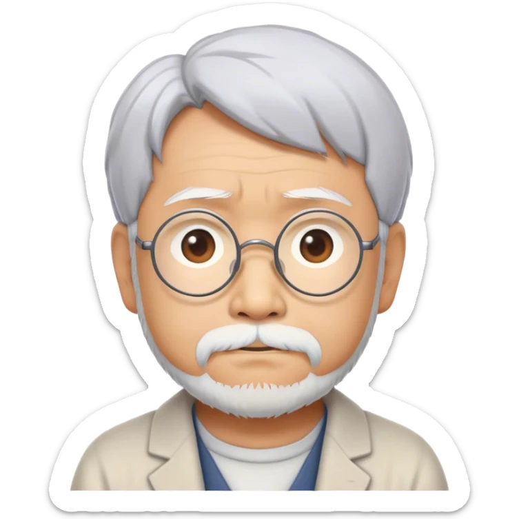 Cinematic Realistic Hayao Miyazaki Portrait Emoji, depicted as a visionary filmmaker with a gentle imaginative expression and artistic flair, rendered with delicate textures and soft enchanting lighting that captures his legendary storytelling. sticker