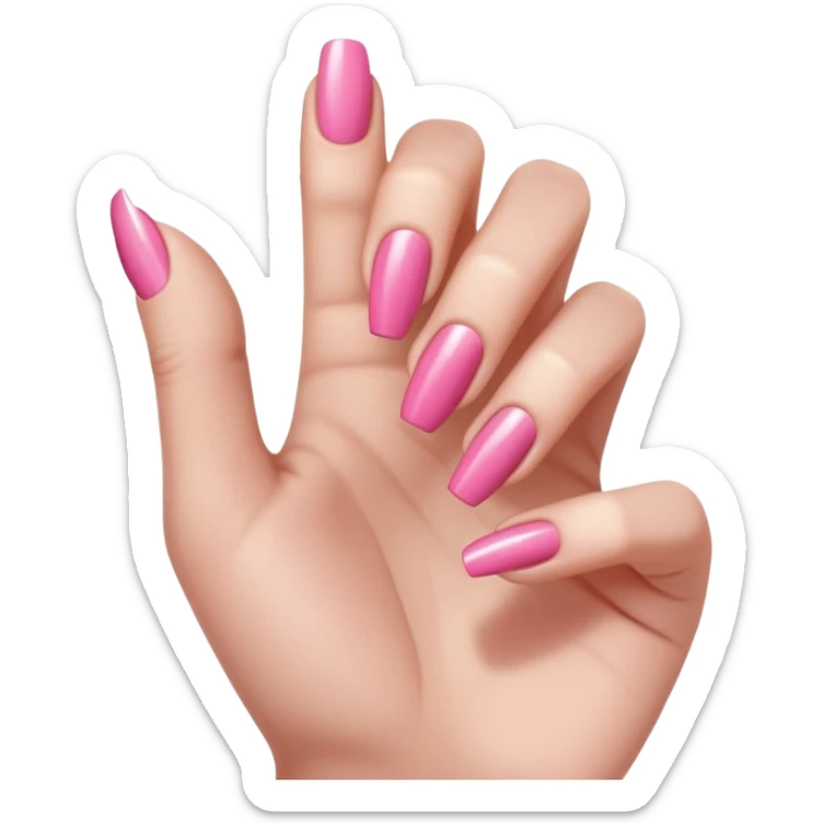  pink close-up of a hand with beautifully manicured nails, glossy pink nail polish, elegant nail shape, soft lighting and shadows, realistic style, sticker