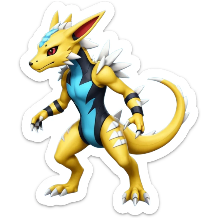 Modern anthropomorphic furry futuristic shiny colorful Zeraora-Salandit-Guilmon-fusion (full body) sticker
