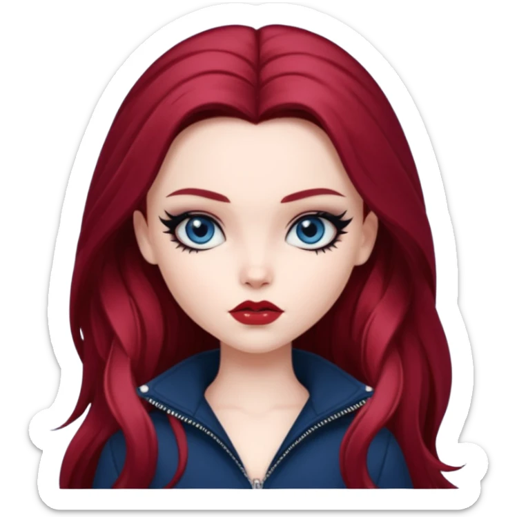 pale skin, girly bratz baddie, beautiful dark blue eyes, sharp black eyeliner, long dark red hair sticker