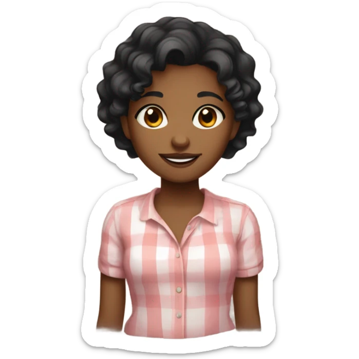 Brown girl with short black wavy hair, dark brown eyes, soft smile. Cute shirt sticker