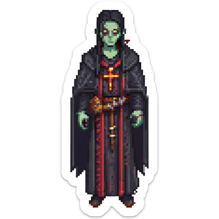 a zombie from the game DAYZ, A PRIEST WITH BLACK HAIR WEARING A BLACK ROBE sticker