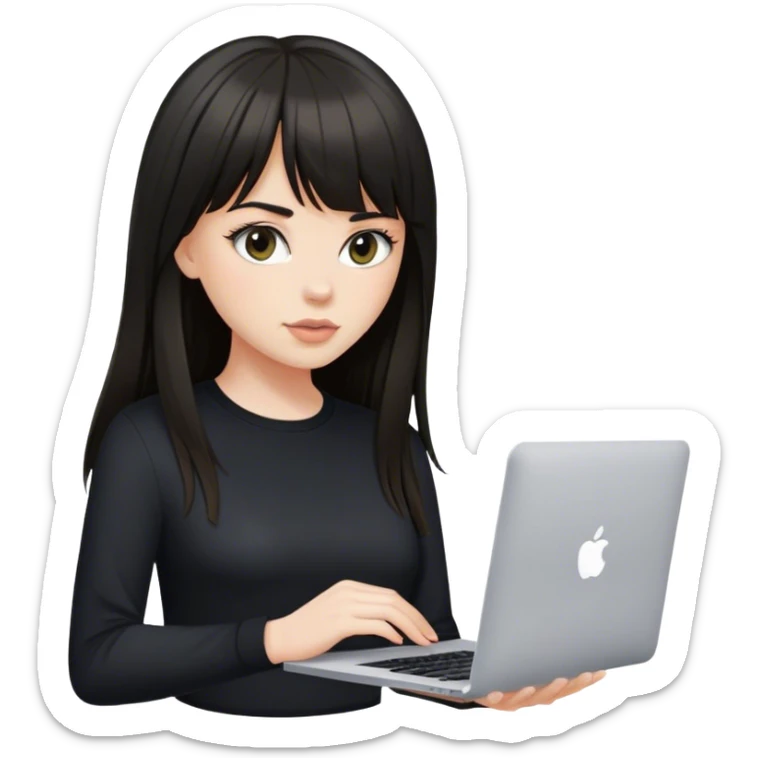Beautiful white girl with dark long hair with bang in black shirt with MacBook  sticker