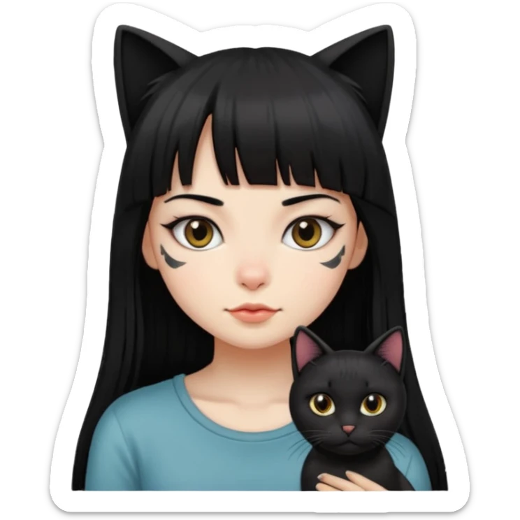 girl with long black straight bangs hair and small tattoo and a Black haired cat sticker