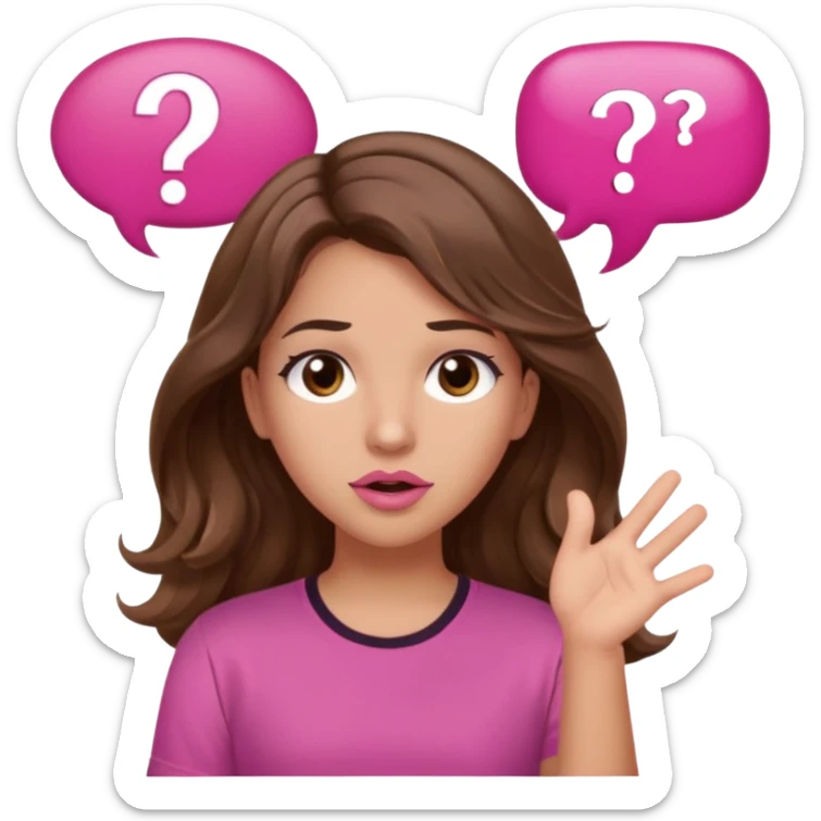 girl with long wavy brown hair, brown eyes, light to medium complexion, in a pink shirt, pink lips, long lashes, shugging, question mark one speech bubble sticker