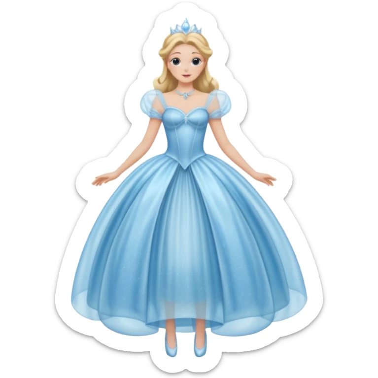 The bubble dress is typically a voluminous ball gown, designed to make Glinda look like she’s literally floating in a bubble. It features:  Pale blue or shimmering white-blue hues (in Ariana Grande’s movie version, it’s a soft, cotton-candy blue). sticker