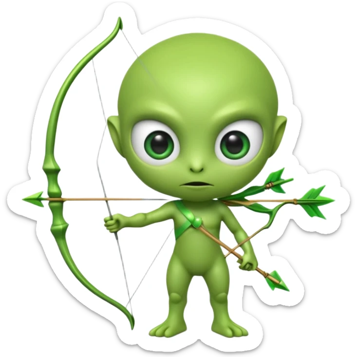 3D emoji-style green alien holding a bow and arrow, glossy texture, smooth skin, large expressive eyes, small humanoid body, minimalist background, soft lighting, Pixar-style rendering, high detail, cute but slightly serious expression, clean centered composition. sticker