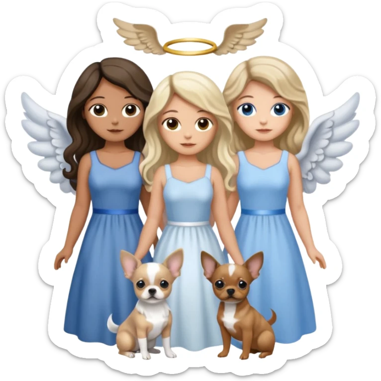 Three women as pretty angels with wings and isolated dresses, brown eyed light skin with dark blonde long hair and Brown eyed light skin black long wavy hair holding grey and tan Merle Frenchie and blue eyed light skin long blonde hair hold black and tan chihuahua  sticker
