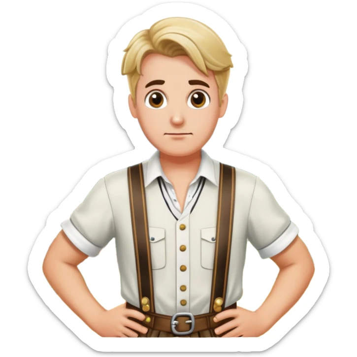 German person in Bavarian lederhosen shrugging with Sicily landscape in background sticker