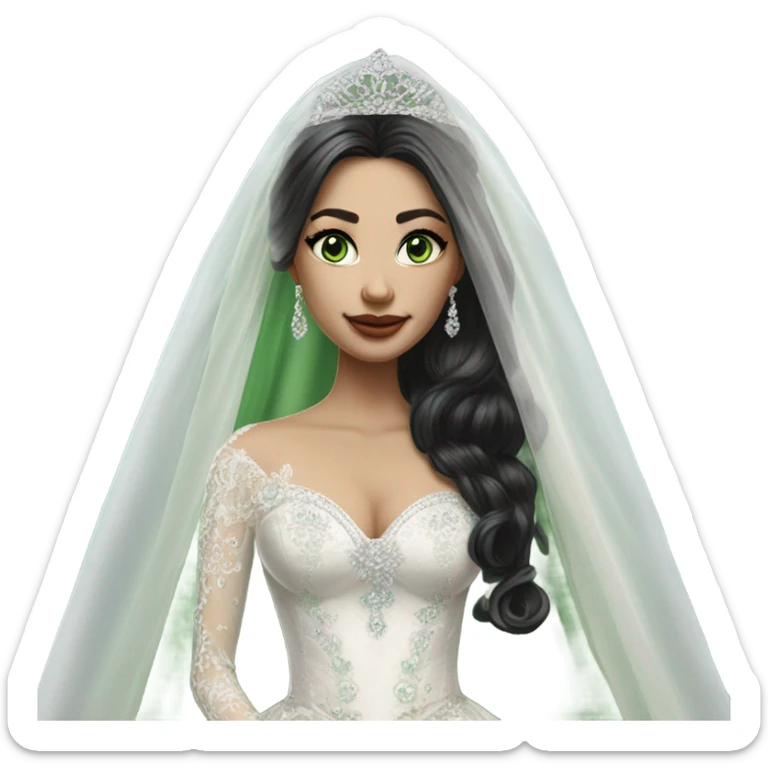 Hyper Realistic ornate ballgown long sleeve Wedding dress with diamanté on Russian bride with pale skin and green eyes and long black hair with veil hyper realistic  sticker
