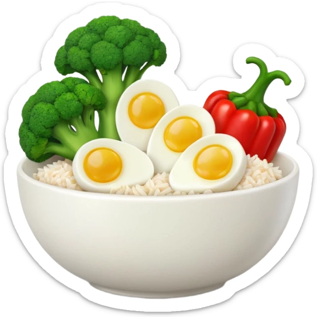 3D food emoji, glossy, smooth shapes, premium style,
broccoli, red bell pepper, rice bowl, chicken breast,
boiled eggs, vitamins bottle,
light warm background
 sticker