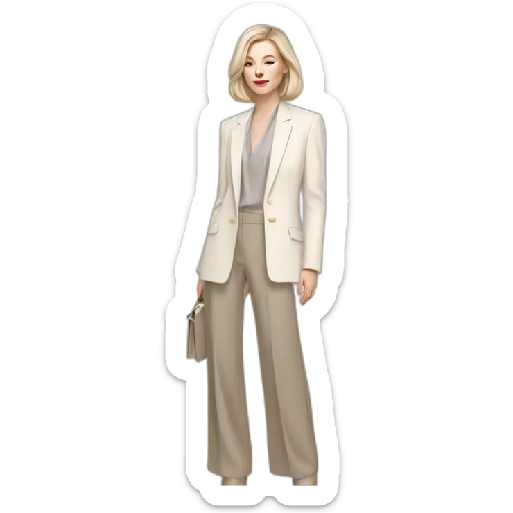 pale skin woman with ash blonde Straightened bob Hair, White Spacious classical jacket, beige palazzo Arrow pants and gray blouse holding a color palettes in the hands sticker