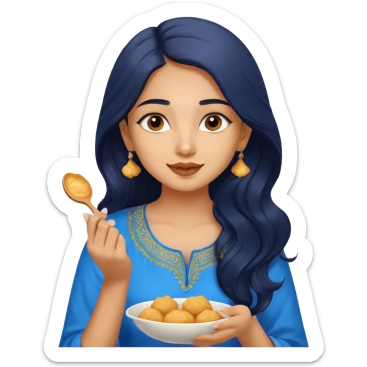 a pretty tan indian bratz girl. eyeliner on, wearing a blue kurti, eating golgappa. NO SPOON. wavy long BLACK coloured hair sticker