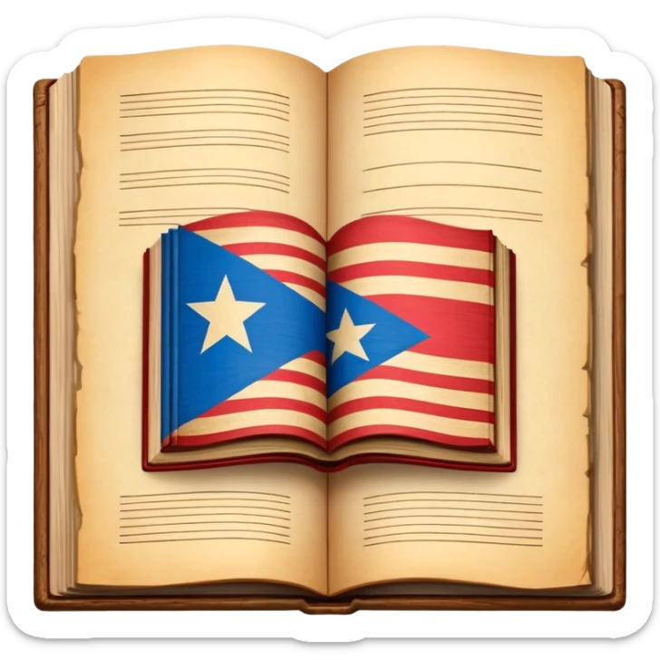 Open vintage book showing detailed stage design sketches, blueprints of theatrical sets, Puerto Rican flag elements woven into the designs, wooden borders, emanating a golden timeless glow sticker
