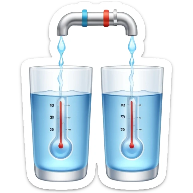 3D illustration of two glasses of water — one cold, one hot, with a thermometer inside each. Particles dissolving faster in hot water, slower in cold. Minimalist, clean, bright, modern 3D icon style. sticker