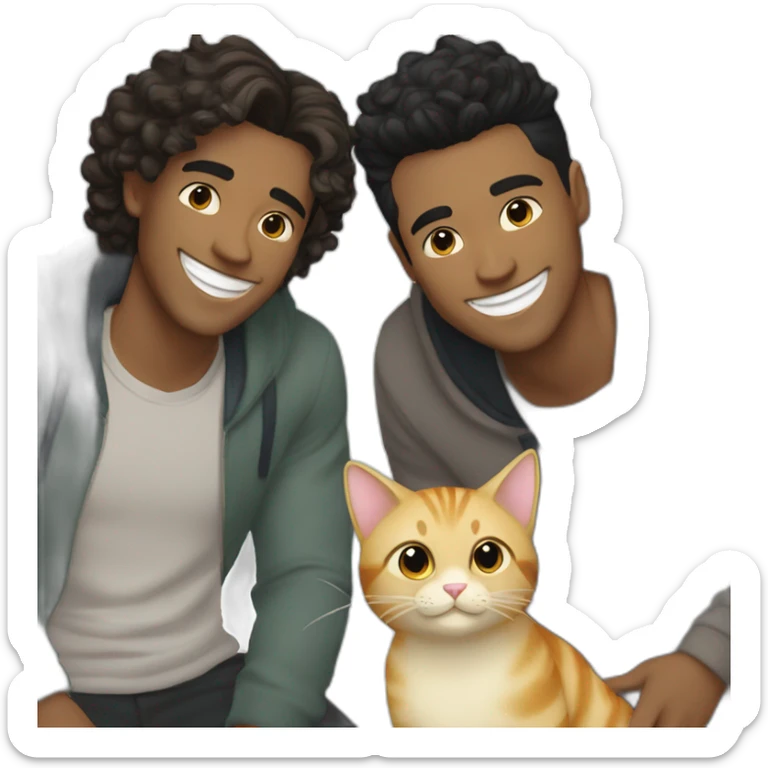 Gay couple, 1 guy Latino black straight hair and 1 Australian guy with blonde slightly curly hair with a cat laughing full body sticker