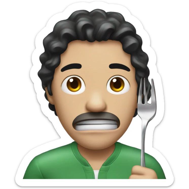 A man in a green jumpsuit that says 230 and the man has black hair but his hair is purple on the top and he is crying with a metal fork in his hand sticker