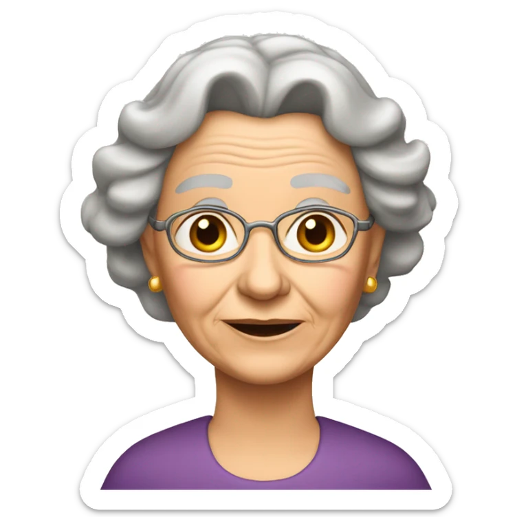 old lady emoji with long brown straight hair with two waves, a crown and two line around her eyes sticker