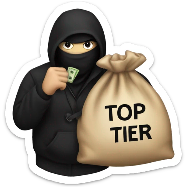 Thief wearing all black clothes stealing a money bag with the words Top Tier embroidered on it sticker