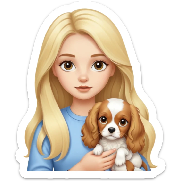 Pretty blonde girl with long hair and long eyelashes and a cavalier puppy sticker