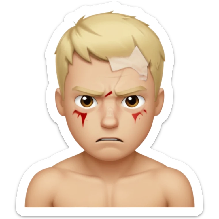 a blond guy with a short haircut, a tired and angry face, no shirt, with bruises under his eyes, and signs of beatings on his body sticker
