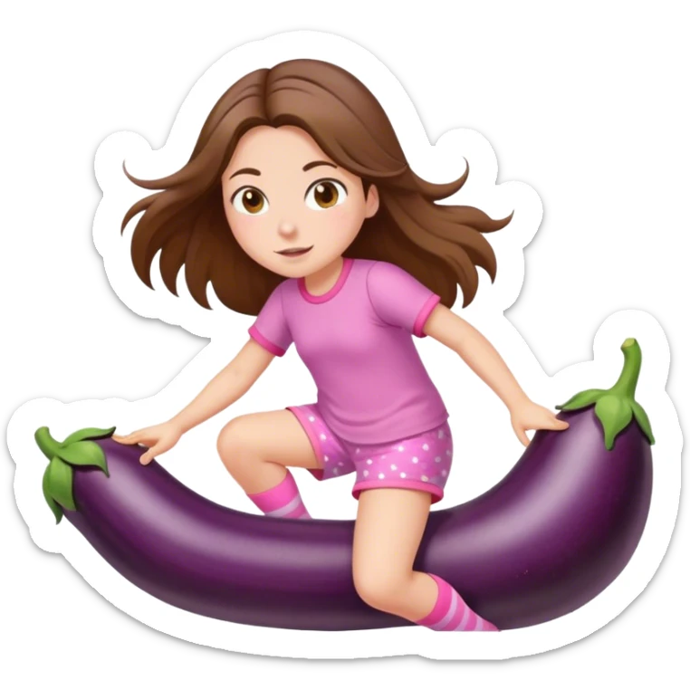 girl with long brown hair riding an eggplant in shorts pink pijamas sticker