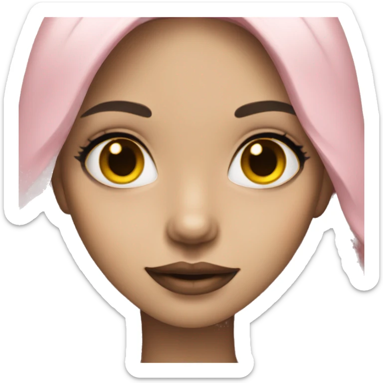 Girl with yellow white skin, black long hair, brown eyes, pink lip sticker