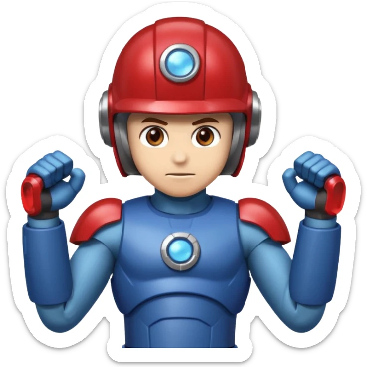 mega man but with the color rootbeer brown shiny like metal with arms for guns and a dark shiney red healmet sticker