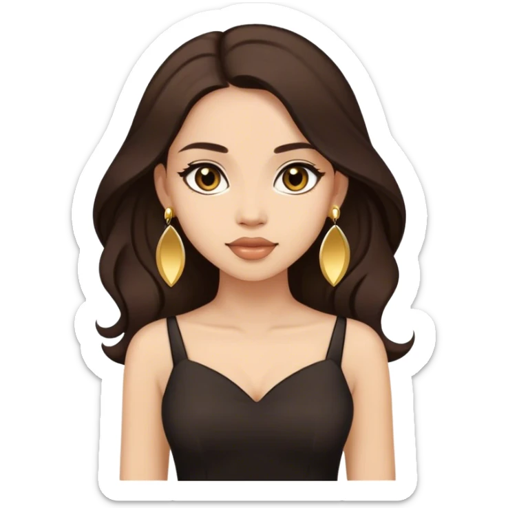 Beautiful woman,cute, long dark brown hair in dark dress with gold earrings sticker