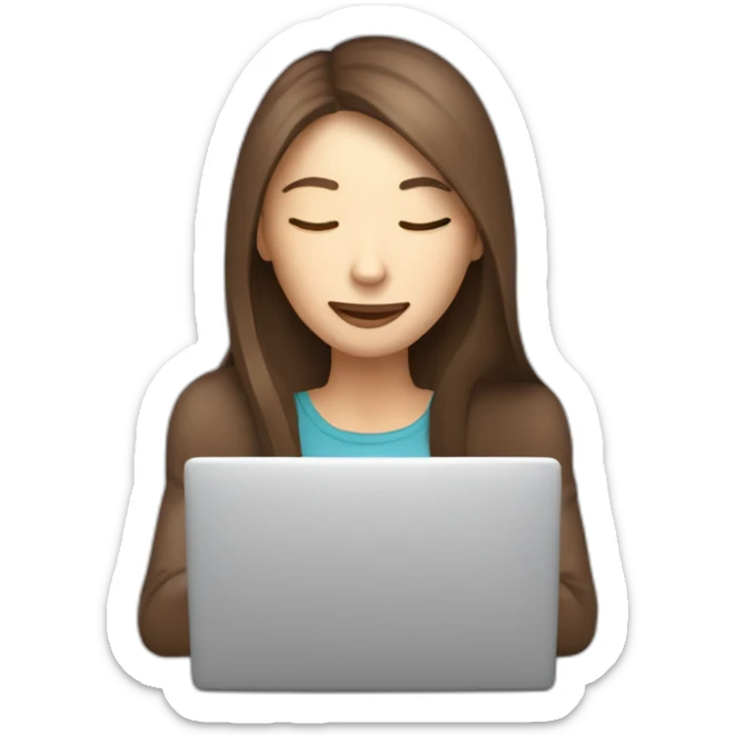 smiling woman with middle brown straight long hair and pale skin eyes closed behind a laptop sipping coffee from a mug sticker